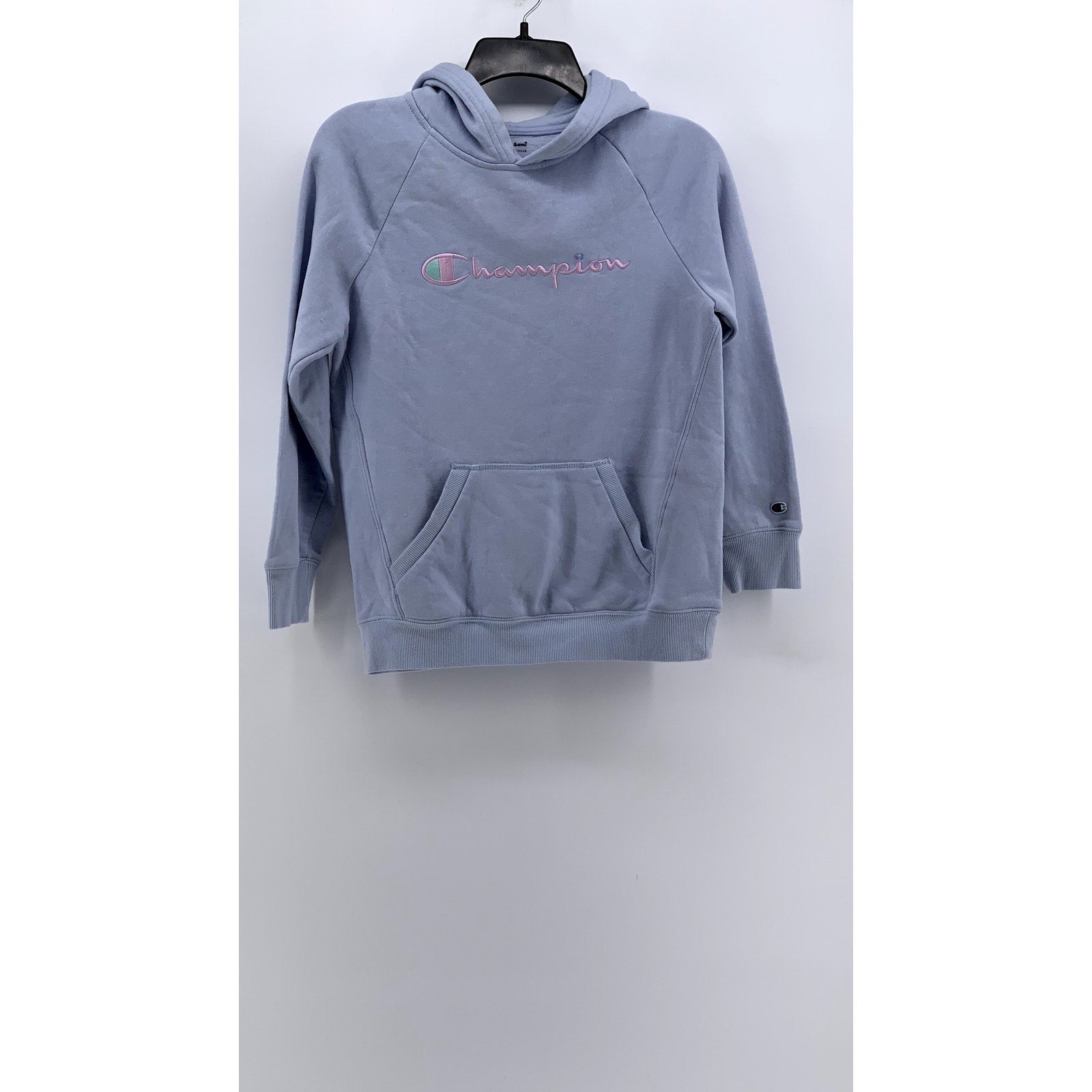CHAMPION Girls Light Blue-Pink Script Logo Hoodie SZ XL