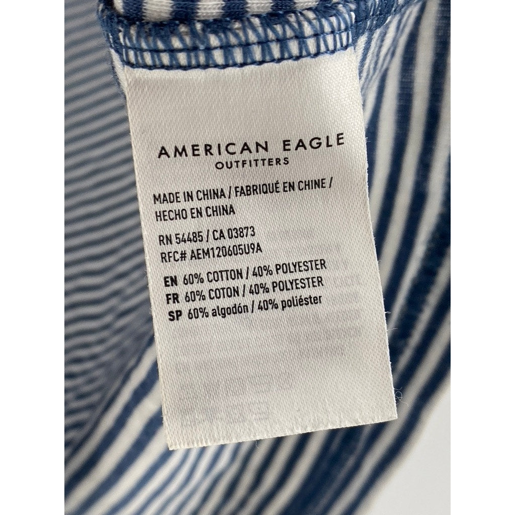 AMERICAN EAGLE Women's Blue-White Crewneck Short Sleeve Casual Crewneck Top SZ M