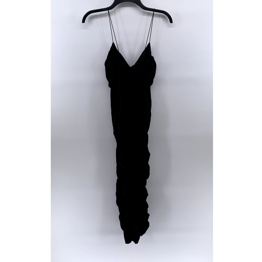 ASOS Women's Black Ruched V-Neck Spaghetti Strap Bodycon Midi Dress SZ 6