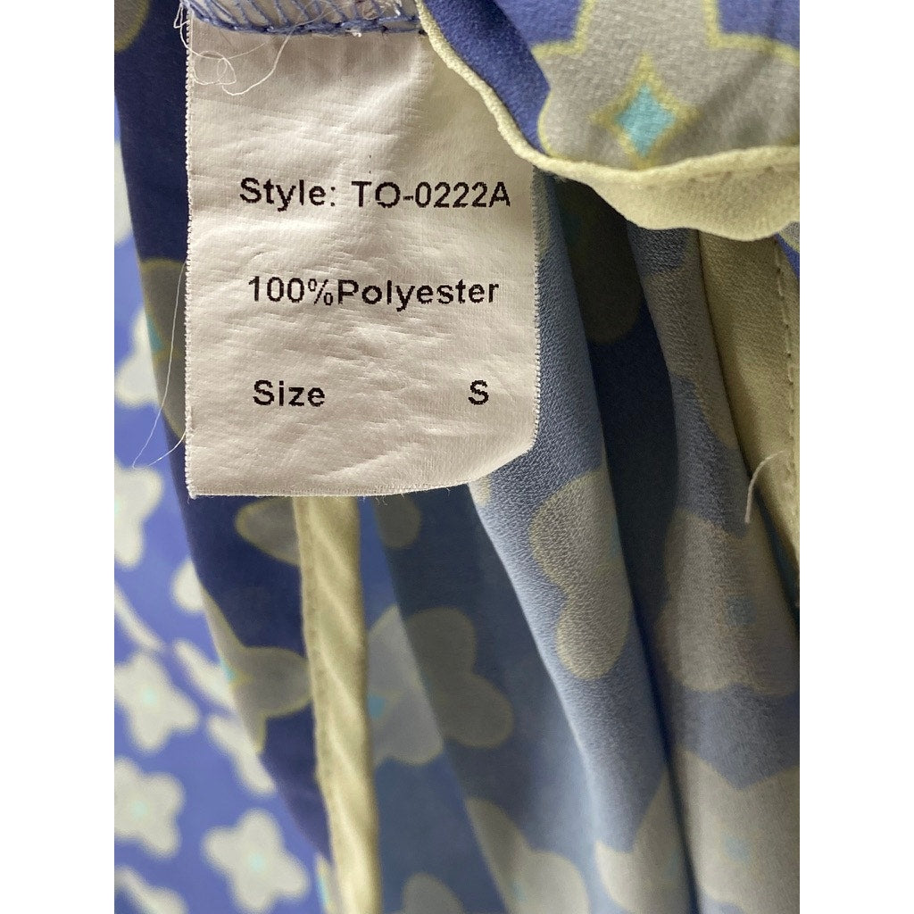 PINK MARTINI Women's Blue-Yellow Floral Square-Neck Relaxed-Fit Top SZ S