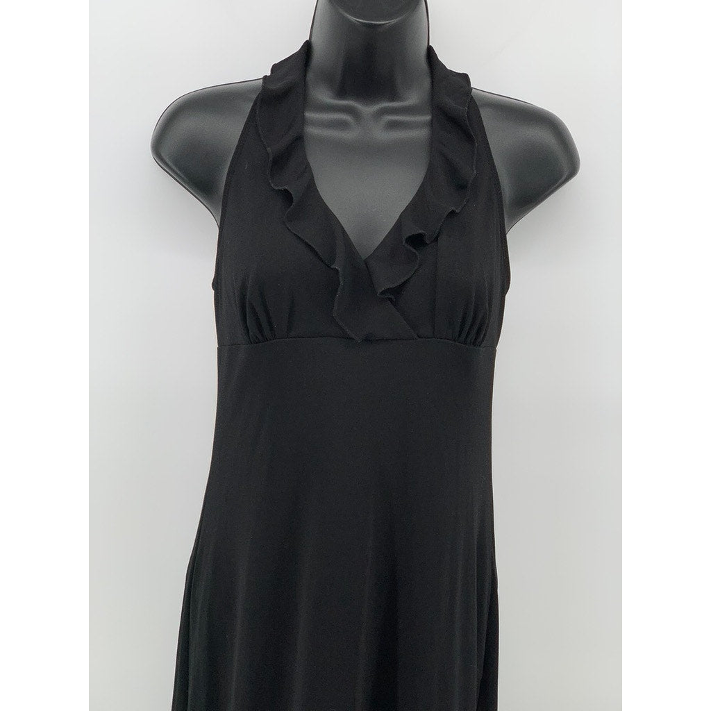 RAMPAGE Women's Black Ruffle-Trim Sleeveless Midi Formal V-Neck Dress SZ M