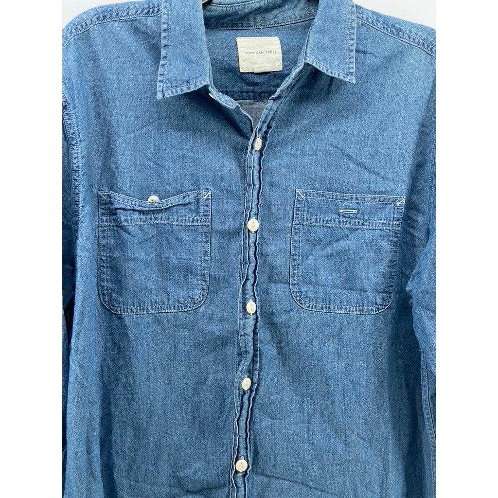 AMERICAN EAGLE Men's Blue Denim Button-Up Long Sleeve Regular-Fit Shirt SZ L