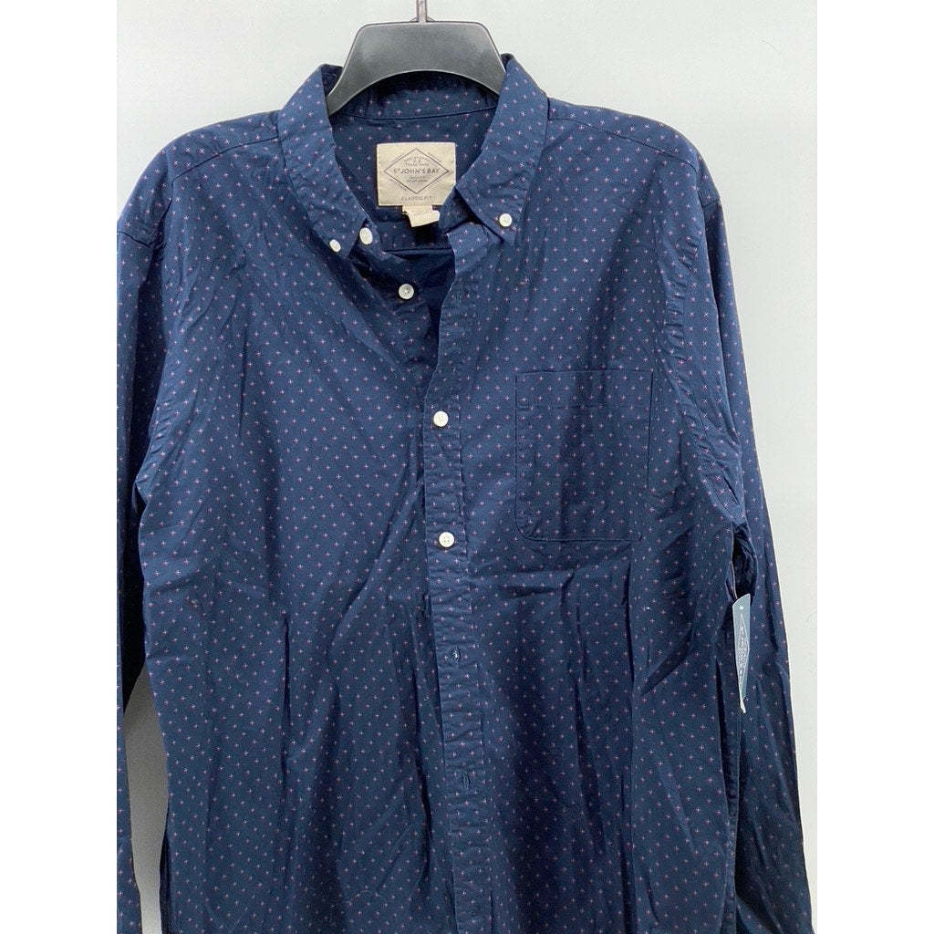 ST. JOHN'S BAY Men's Navy Printed Classic-Fit Button-Up Long Sleeve Shirt SZ L
