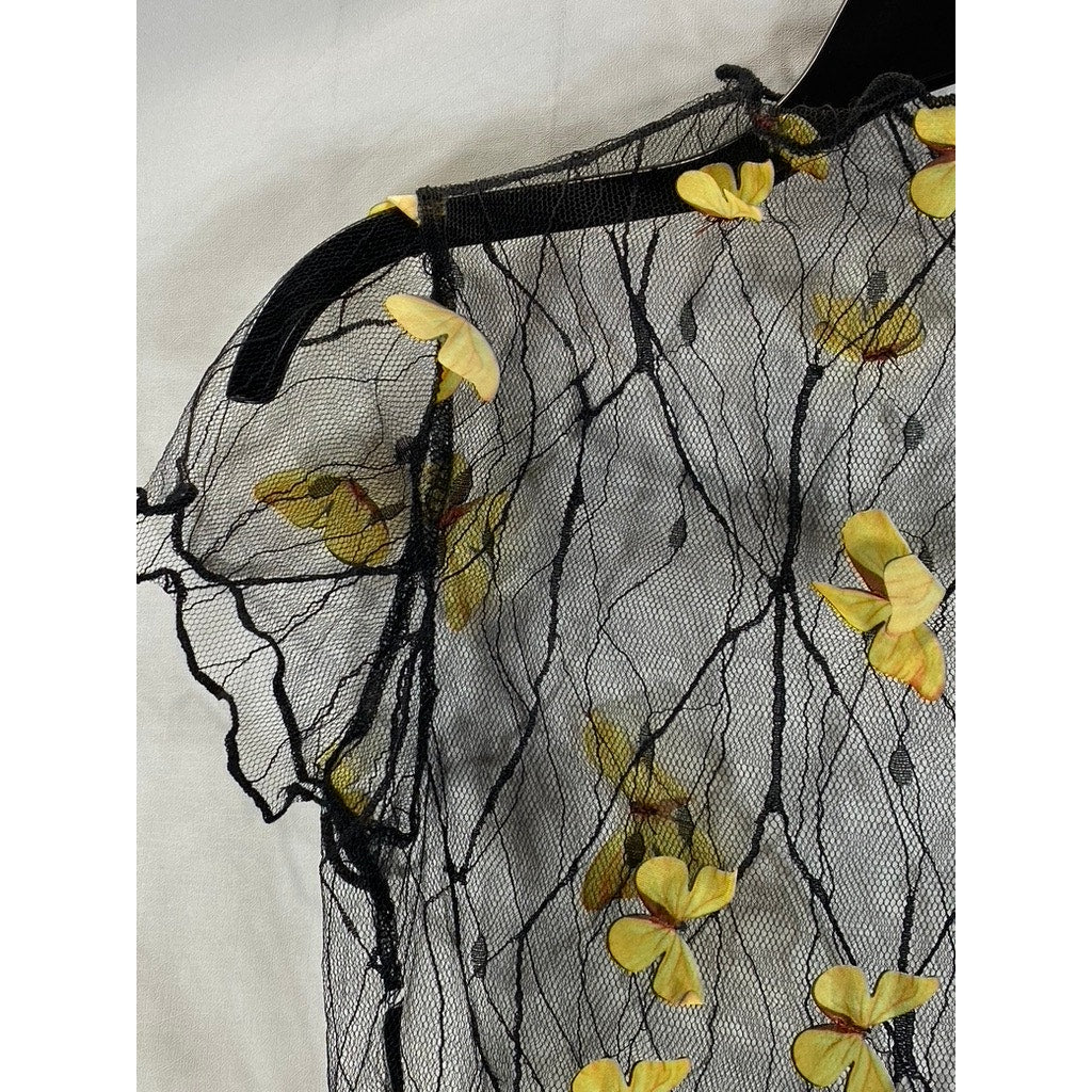 Women's Black/Yellow 3D Butterfly Mesh Short Sleeve Cover Up Top