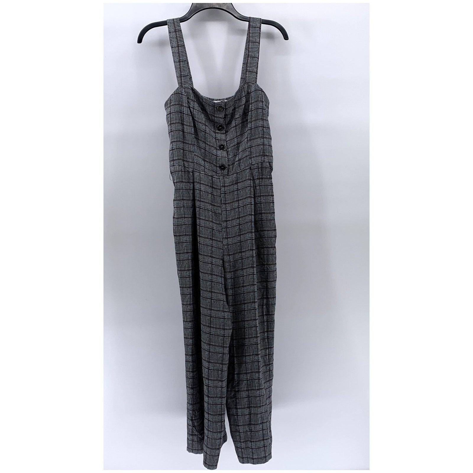 CANDIE'S Women's Gray Printed Plaid Button-Front Wide-Leg Jumpsuit SZ S