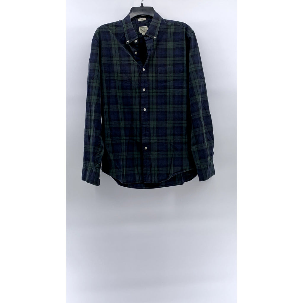 J.CREW Men's Navy Blue-Green Plaid Slim-Fit Button-Up Long Sleeve Shirt SZ L