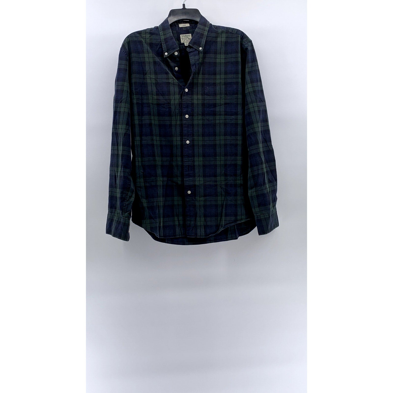 J.CREW Men's Navy Blue-Green Plaid Slim-Fit Button-Up Long Sleeve Shirt SZ L
