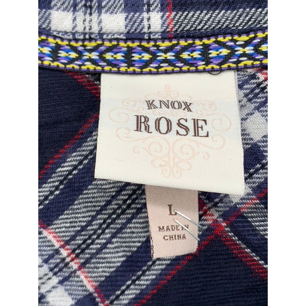 KNOX ROSE Women's Blue-Red Embroidered Popover Long Sleeve Flannel Top SZ L