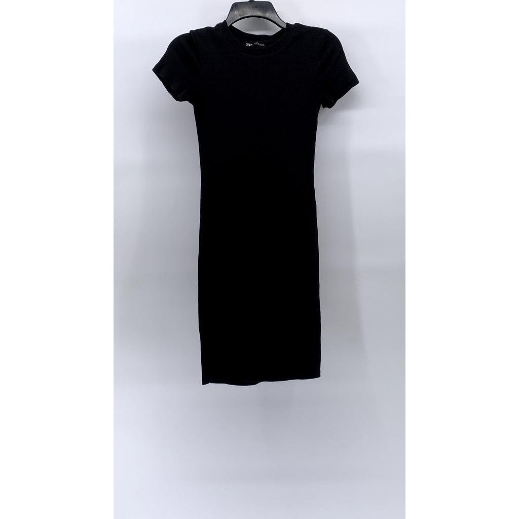 ZARA Women's Black Rib-Knit Crewneck Short Sleeve Casual Bodycon Midi Dress SZ S