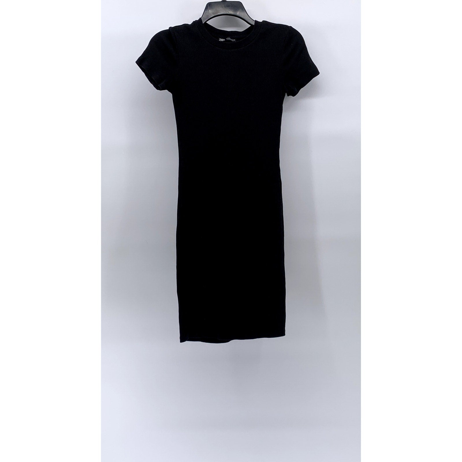 ZARA Women's Black Rib-Knit Crewneck Short Sleeve Casual Bodycon Midi Dress SZ S