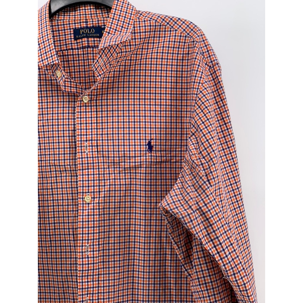 POLO RALPH LAUREN Men's Orange-Navy Gingham Button-Up Long Sleeve Shirt SZ 2XL