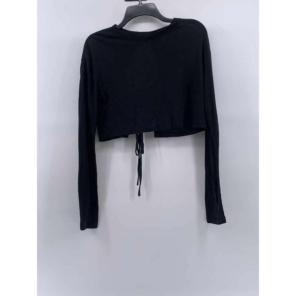 UNBRANDED Women's Black Crewneck Long Sleeve Tie-Back Keyhole Cropped Top SZ S