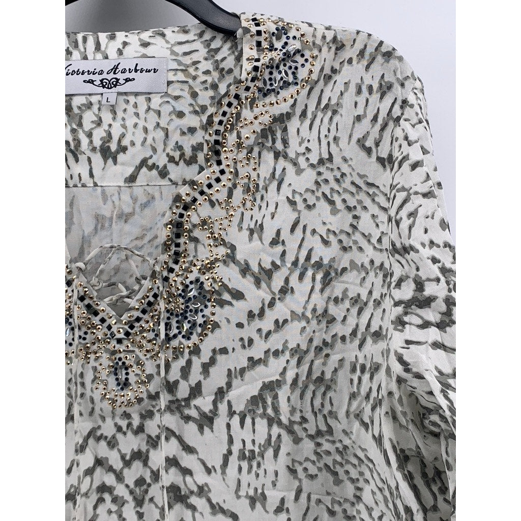 VICTORIA HARBOUR Women's Vintage White-Gray Printed Studded Lace-Up Top SZ L