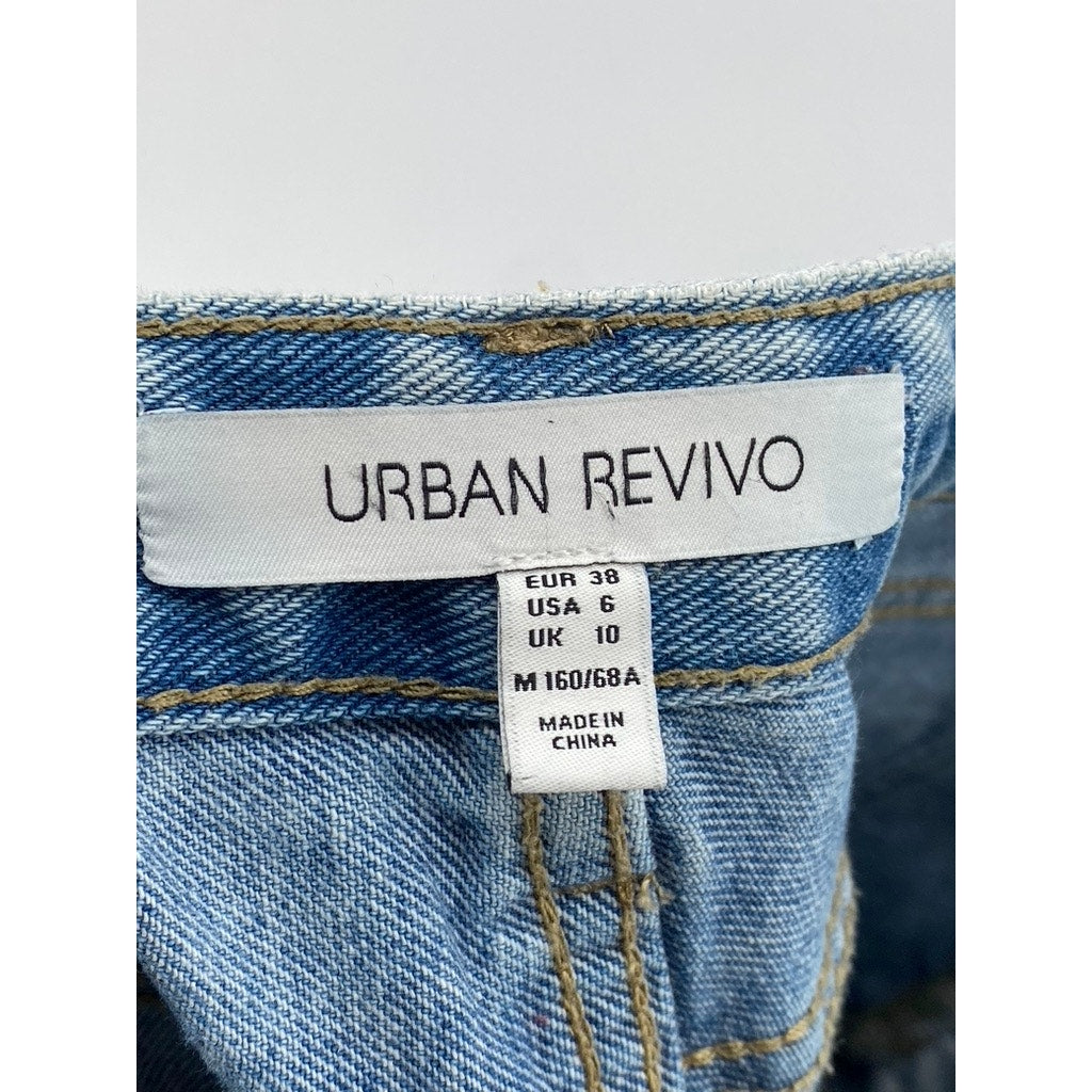 URBAN REVIVO Women's Light Wash Blue Distressed Straight-Leg Cuffed Jeans SZ 6