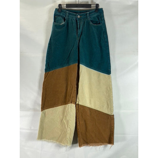 SHEIN Women's Multicolor Patchwork Straight Loose-Fit Raw-Hem Corduroy Pant SZ S