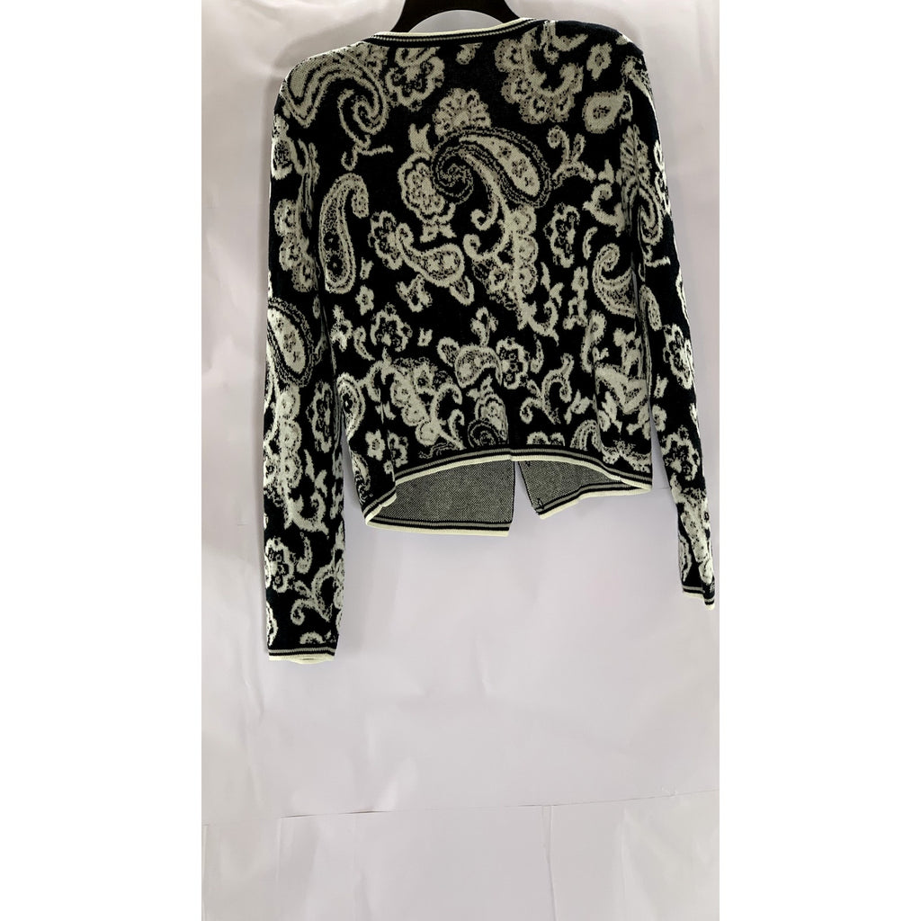 PREMISE STUDIO Women's Black/Cream Paisley Print Button-Up Knit Cardigan SZ M