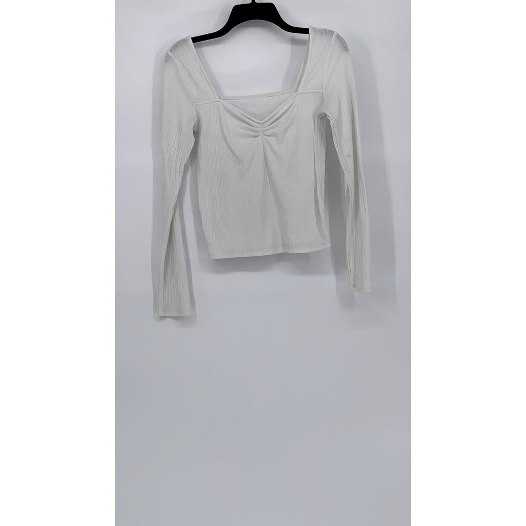 UNBRANDED Women's White Wide Rib V-Neck Long Sleeve Top SZ S