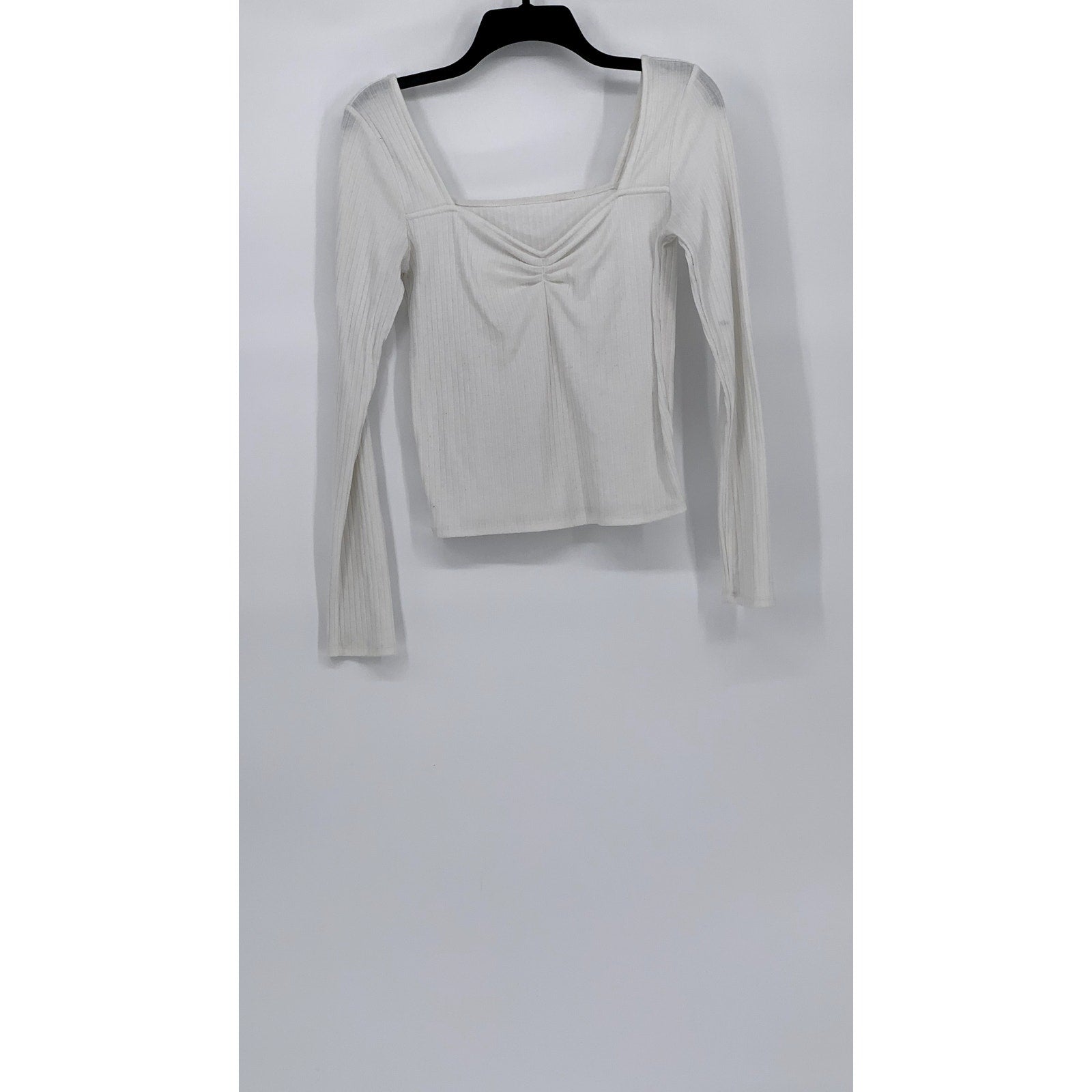 UNBRANDED Women's White Wide Rib V-Neck Long Sleeve Top SZ S