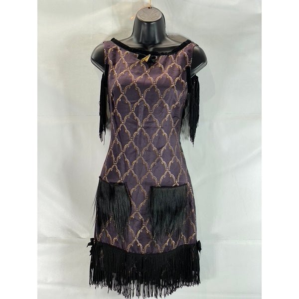 VINTAGE Unbranded Women's Purple/Nude Fringe Open-Back Mini Flapper Dress SZ M