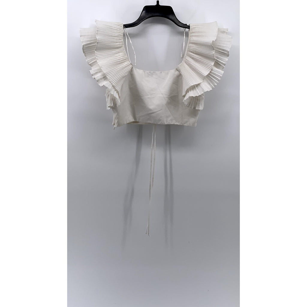ZARA Women’s White Pleated Ruffle Sleeve Cinched Bust Cropped Top SZ S