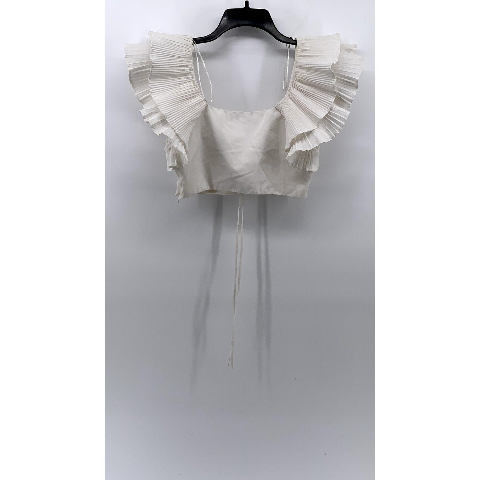 ZARA Women’s White Pleated Ruffle Sleeve Cinched Bust Cropped Top SZ S
