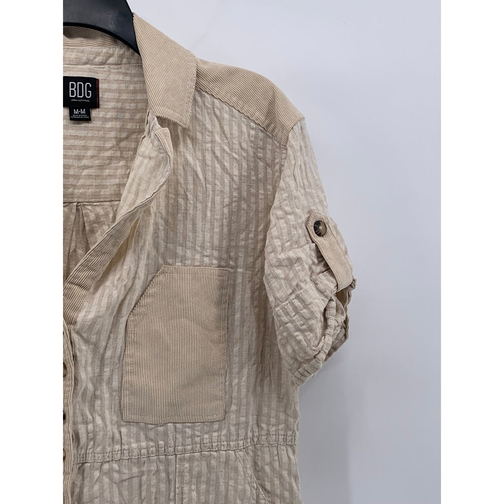 BDG Women’s Beige Seersucker Striped Button-Up Short Sleeve Relaxed Romper SZ M