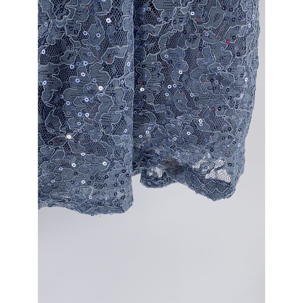 SLNY Women's Blue Sequin Embellished Floral Lace Short Sleeve A-Line Dress SZ 10