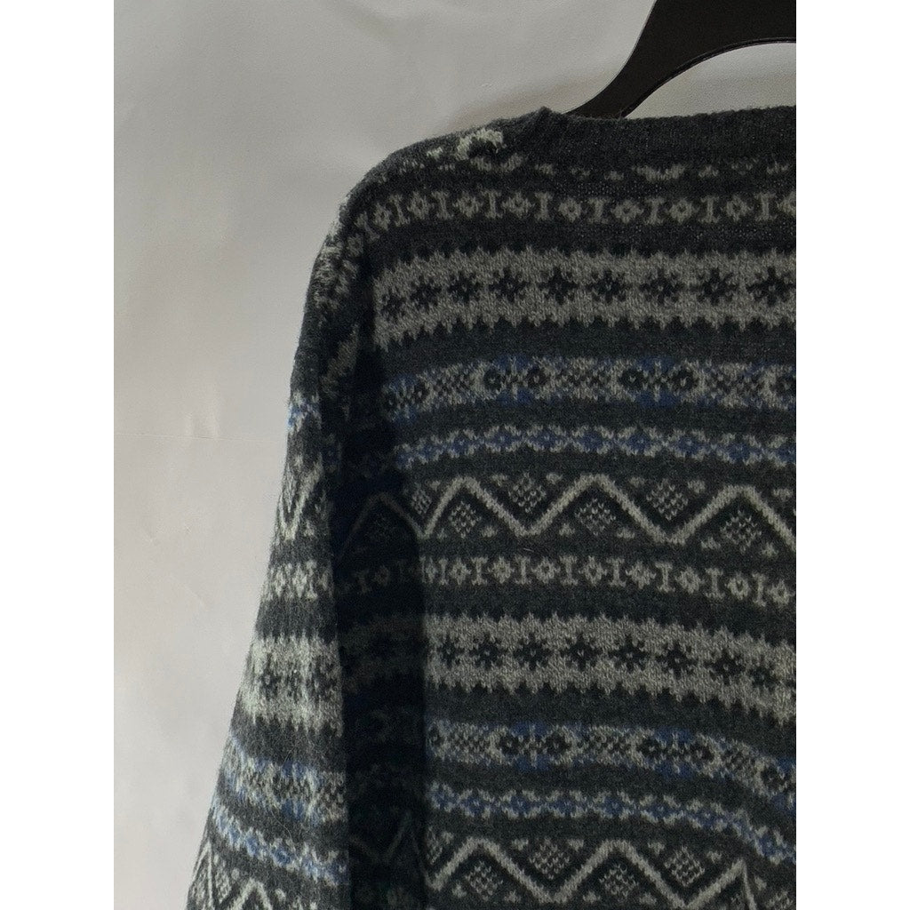 NAUTICA Men's Gray/Blue Fair Isle Printed V-Neck Wool Pullover Sweater SZ L