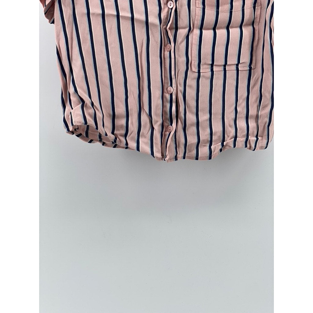 BERSHKA_BSKGIRL Women's Pink-Blue Striped Button-Up Short Sleeve Top SZ M