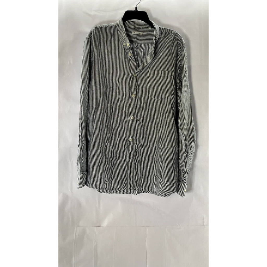 KNOWLEDGE COTTON APPAREL Men's Blue/White Pinstripe Linen Button-Up Shirt SZ 2XL