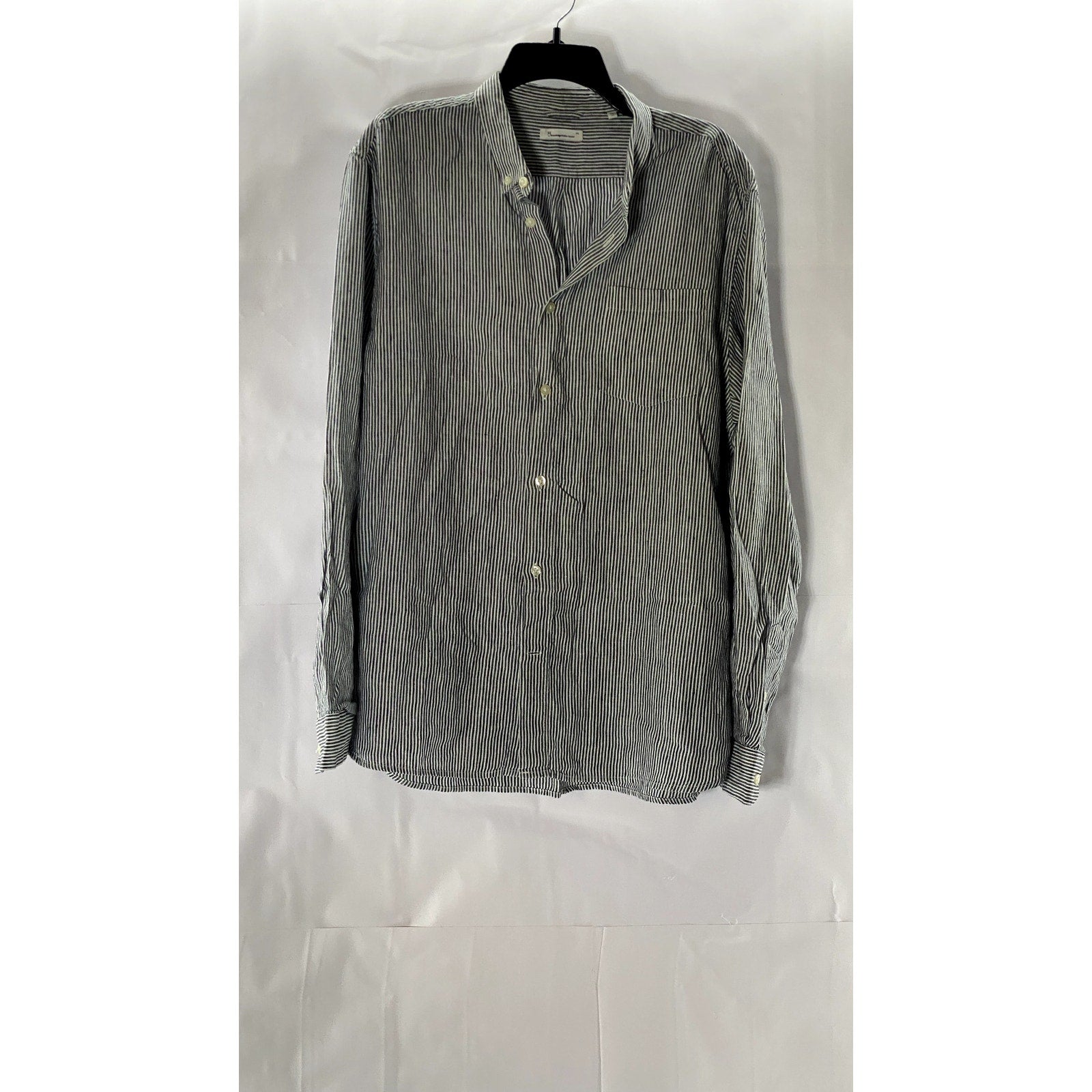 KNOWLEDGE COTTON APPAREL Men's Blue/White Pinstripe Linen Button-Up Shirt SZ 2XL