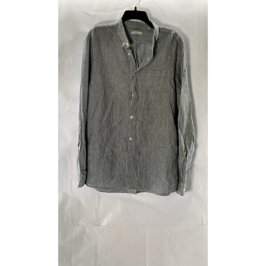 KNOWLEDGE COTTON APPAREL Men's Blue/White Pinstripe Linen Button-Up Shirt SZ 2XL