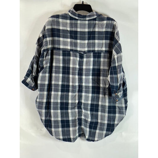 ANTHROPOLOGIE PILCRO Women's Navy Plaid Button-Up Flannel Shirt SZ XS/S