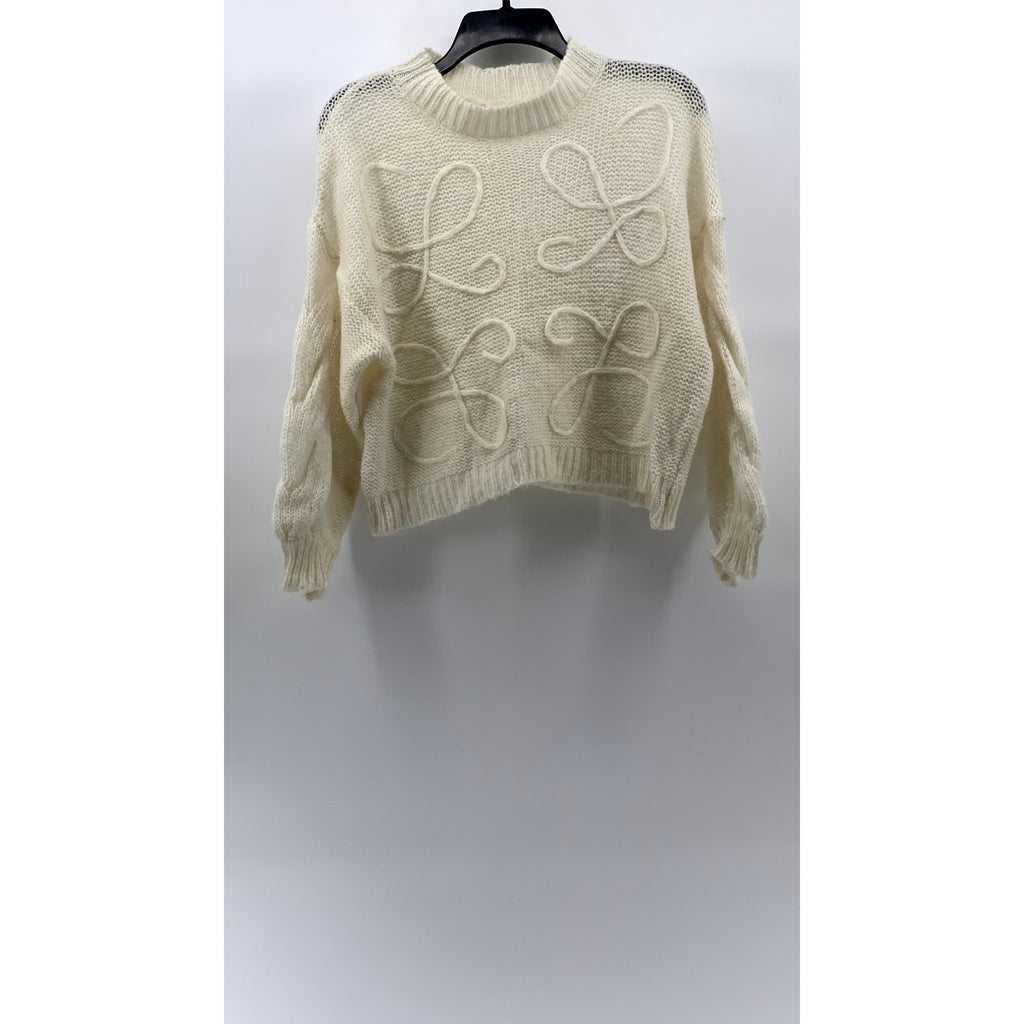 UNBRANDED Women's Cream Knit Drop Shoulder Long Sleeve Crewneck Sweater SZ S