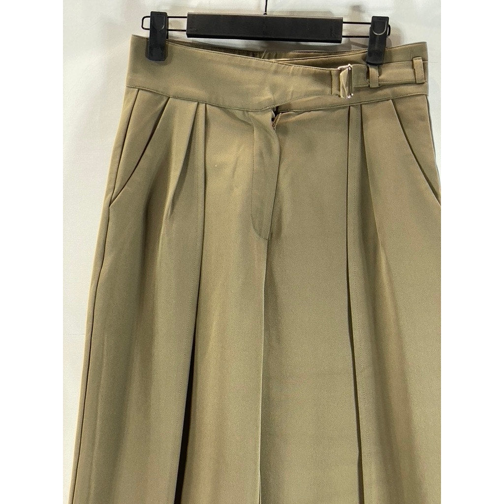 MEMO Women's Relaxed Loose Fit Pleated Waist Adjustable Strap Olive Pants SZ M
