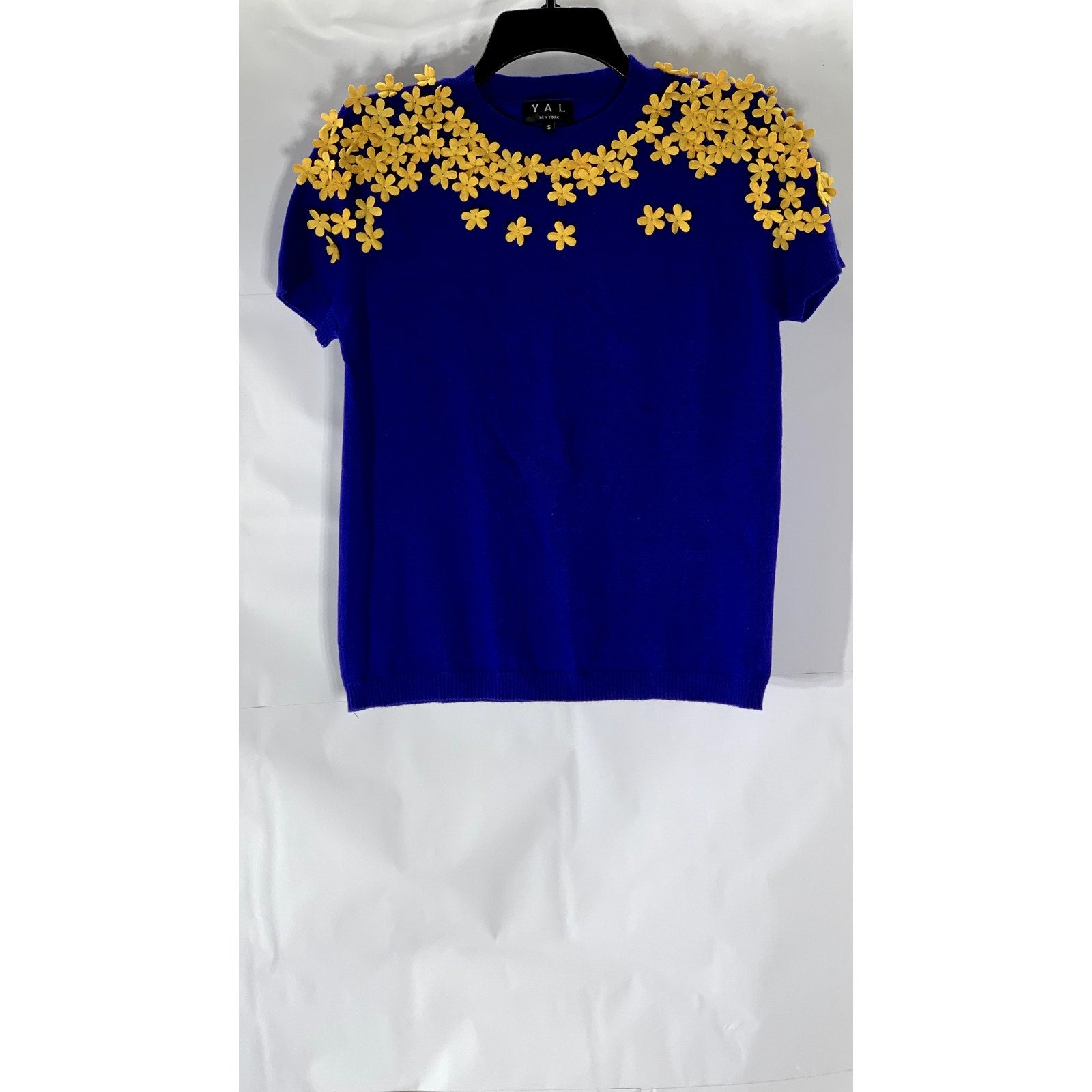 YAL NEW YORK Women’s Royal Blue-Yellow 3-D Floral Crewneck Short Sleeve Top SZ S