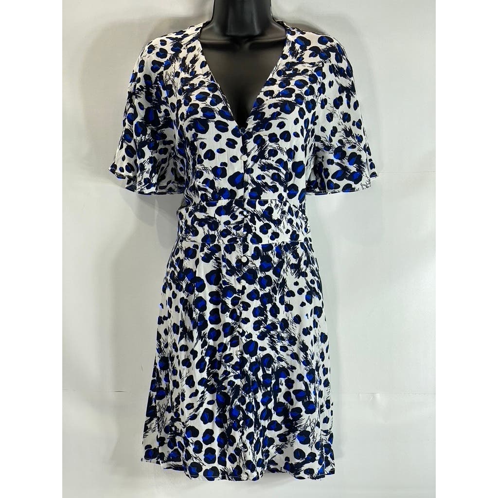 WHISTLES Women's Blue Brushed Leopard Button V-Neck Short Sleeve Dress SZ 8