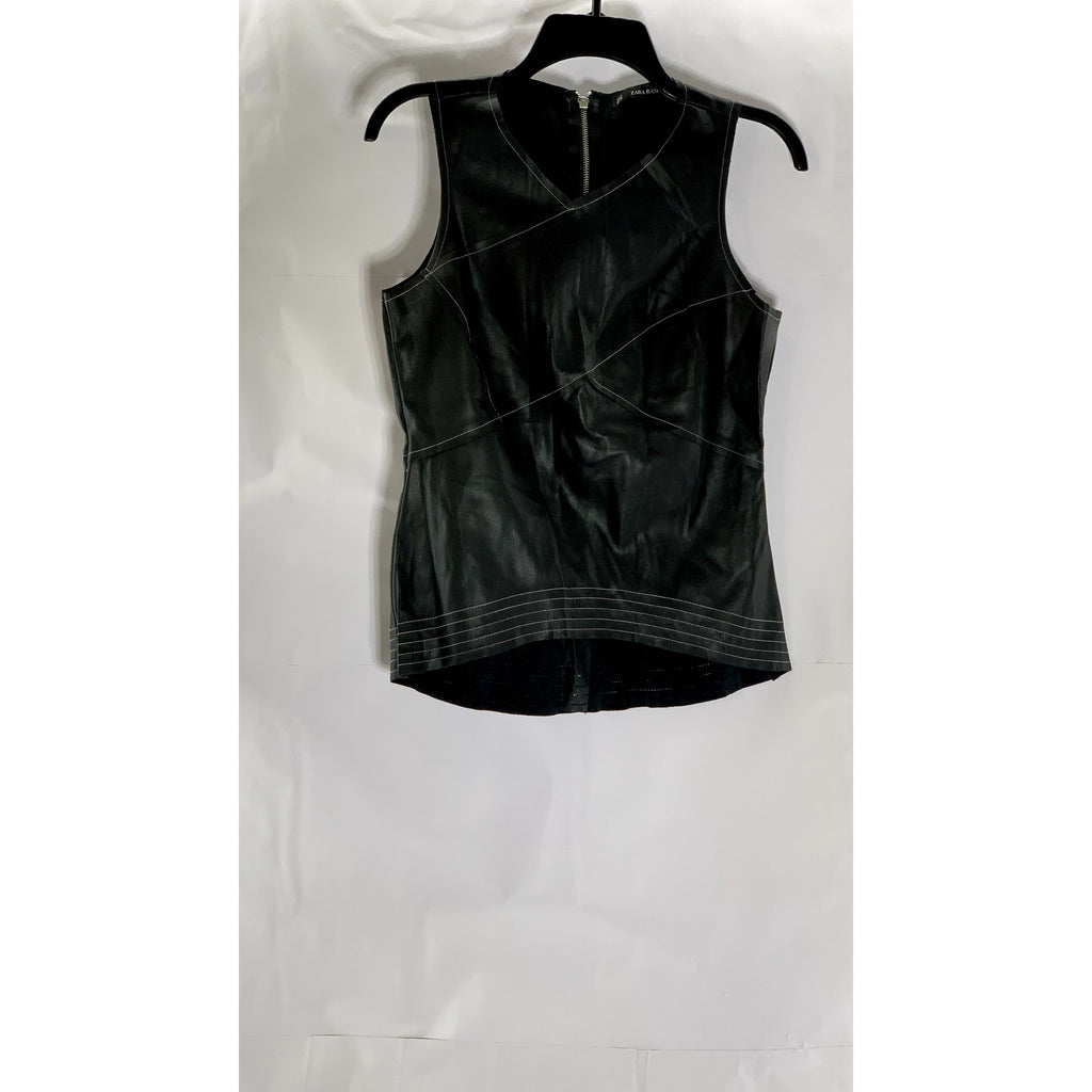 ZARA BASIC Women's Black Faux-Leather Contrast Stitch Back Zipper Top SZ M