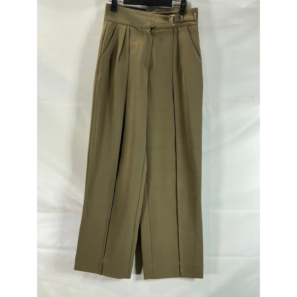 MEMO Women's Relaxed Loose Fit Pleated Waist Adjustable Strap Olive Pants SZ M