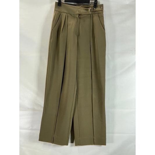 MEMO Women's Relaxed Loose Fit Pleated Waist Adjustable Strap Olive Pants SZ M