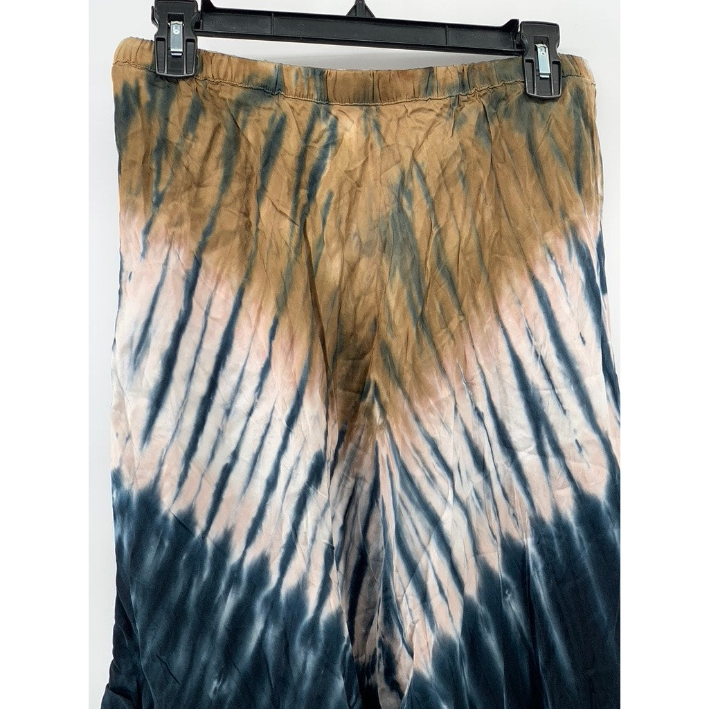 YOUNG FABULOUS & BROKE Women's Blue-Tan Tie-Dye Asymmetrical Midi Skirt SZ M