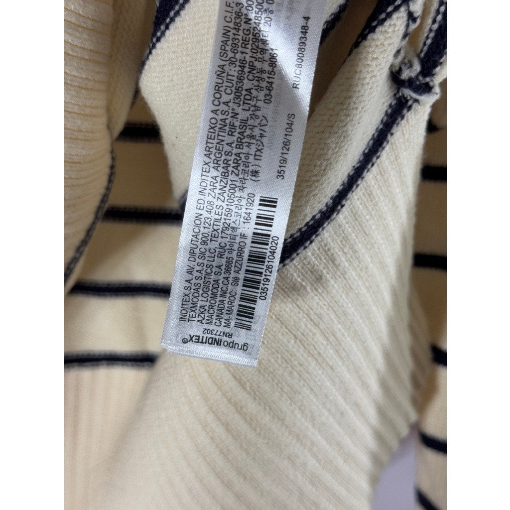 ZARA Women's Beige/Black Striped Crewneck Knit Long Sleeve Pullover Sweater SZ S