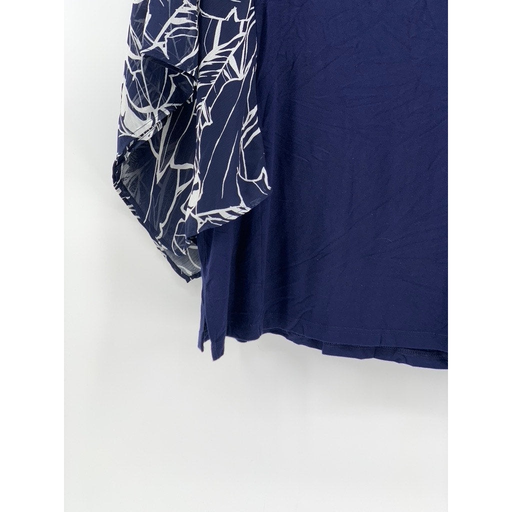 BELLE BY KIM GRAVEL Women's Dark Blue Print Drama Sleeve Top SZ M