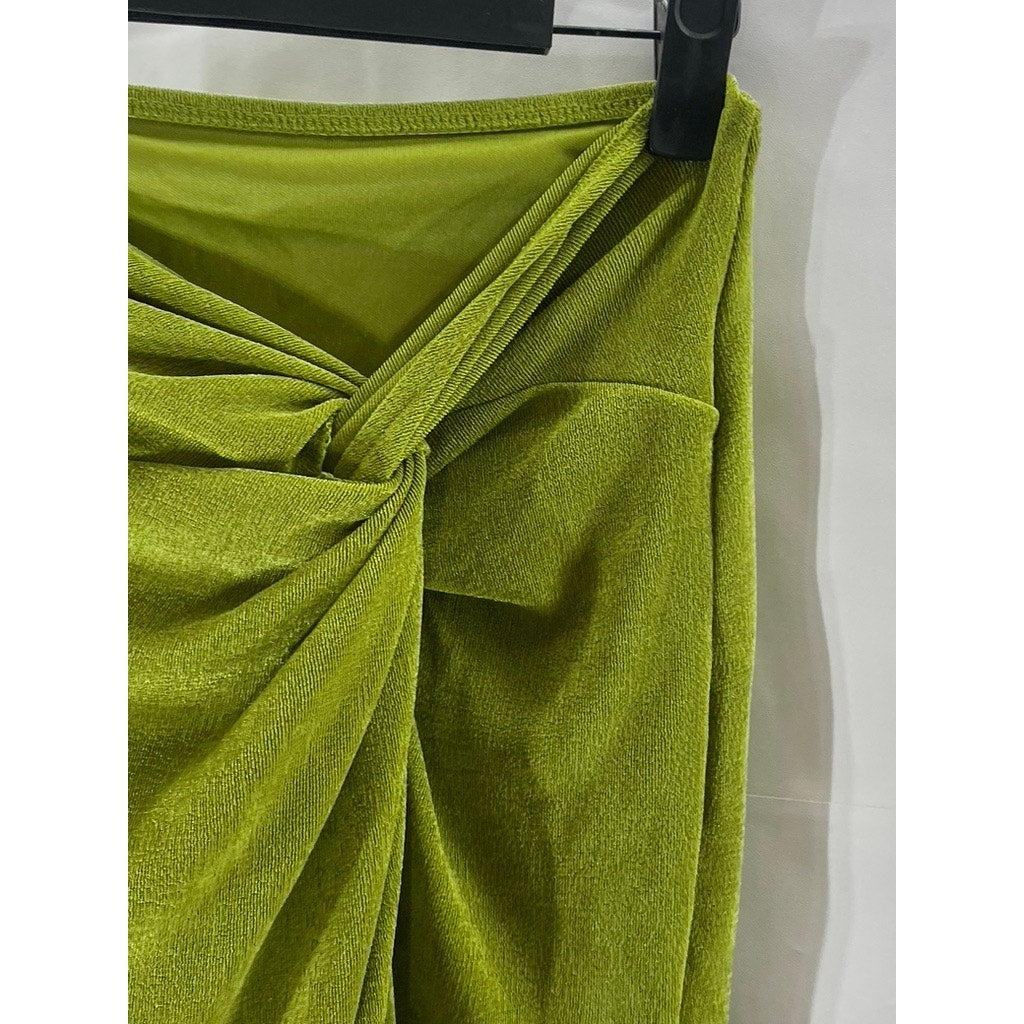 UNBRANDED Women’s Green Textured Side Slit Bodycon Knot Detail Midi Skirt SZ S