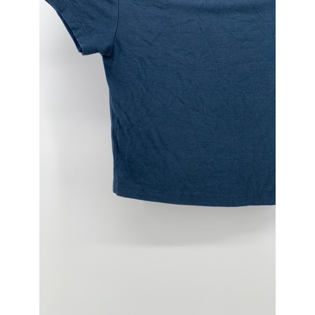 ZARA Women's Dark Blue Rib Knit Crewneck Short Sleeve Cropped T-Shirt SZ S