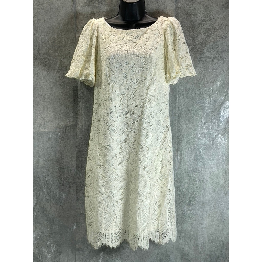 JESSICA HOWARD Women's Off-White Lace Scalloped Puff-Sleeve Mini Shift Dress SZ8