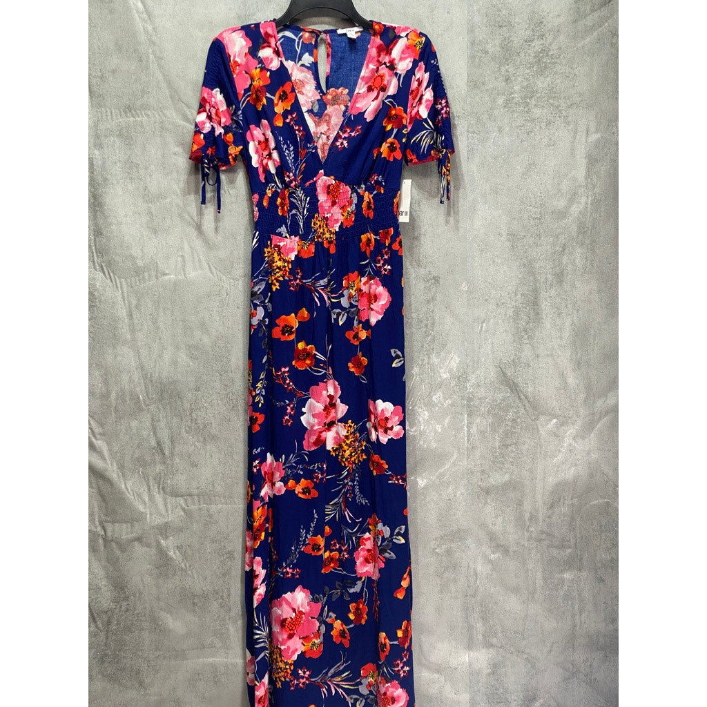 BAR III Blue Floral-Print V-Neck Smocked-Waist Short Sleeve Maxi Side-Slit Dress SZ XS