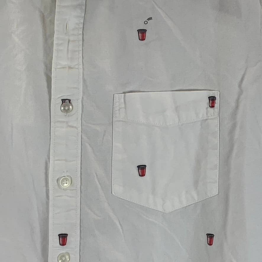 AMERICAN EAGLE Men's Tall White Red Cup Print Button-Up Short-Sleeve Shirt SZL/T