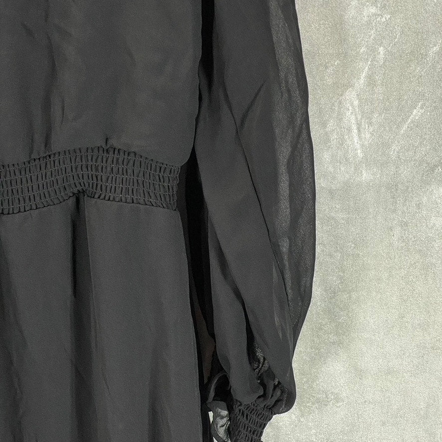 1. STATE Women's Black Split-Neck Smocked Hi-Low Long Blouson Sleeves Dress SZ M