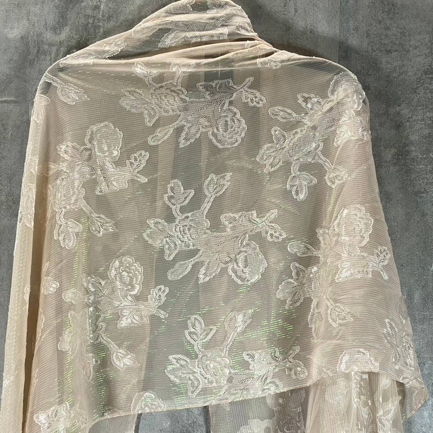 INC Women's Blush Floral-Print Sheer Metallic Fringe-Trim Wrap SZ OS